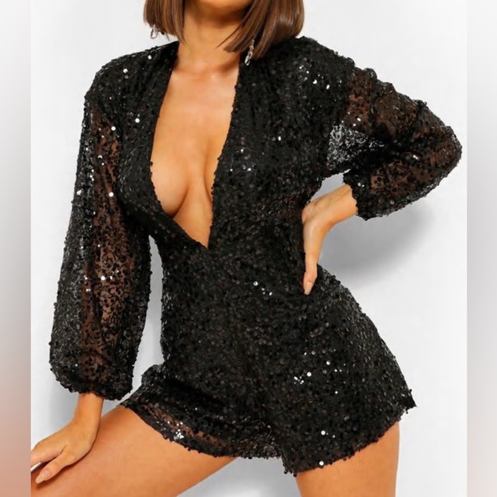 SEQUIN PLUNGE SPARKLY BLACK ROMPER